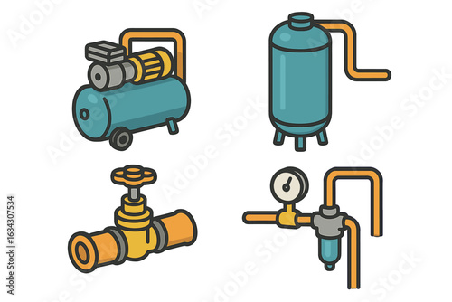 Compressed air utility icon set. Vector flat cartoon illustration of industrial equipment. Air compressor, tank, pressure gauge, regulator, filter, and pipe valve icons.