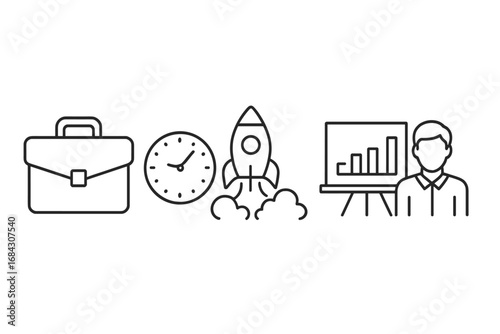 Business management and startup success icon set. Briefcase for career, clock for time management, rocket for project launch, and presenter with chart for growth analysis.