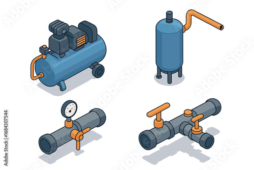 Isometric compressed air system icon set. Vector illustration of industrial equipment: portable compressor, pneumatic tank, utility pipe with valve and pressure gauge manometer.