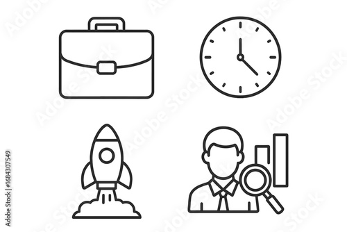 Business and startup thin line icon set. Vector symbols for project management, data analysis, time efficiency, and career growth. Briefcase, clock, rocket, analyst icons.
