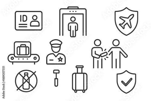 Airport security line icon set for travel safety and passenger screening. Vector icons for customs control, baggage scan, metal detector, passport check, and flight safety.