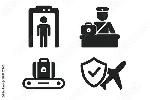 Airport security icon set for safe travel and screening processes. Vector collection of passenger check, customs control, luggage inspection, and flight safety symbols.
