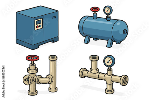 Isometric compressed air utility icon set. Vector illustration of industrial equipment like an air compressor unit, pressure tank, pipeline, valve, and manometer gauge.