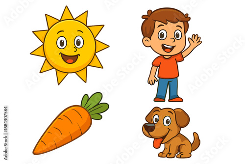 Cartoon vector illustration set for kids. Collection of cute characters: smiling sun, boy waving, pet dog puppy, and carrot vegetable. Isolated elements for children's design.