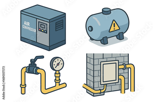 Isometric compressed air utility icon set. Vector cartoon illustration of an industrial air compressor unit, pressure tank, pipes, and manometer gauge for factory systems.
