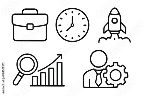 Business management and startup growth vector line icon set. Thin line symbols for data analysis, time management, career development. Editable stroke icons for web, app.