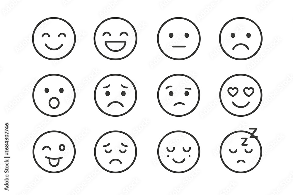 Minimalist emoji set showing various expressions. Simple line art emoticons collection. Vector icons for mood, feelings. Happy, sad, love, sleep, neutral faces concept. Minimalist emoji set showing various expressions. Simple line art emoticons collection. Vector icons for mood, feelings. Happy, sad, love, sleep, neutral faces concept.
