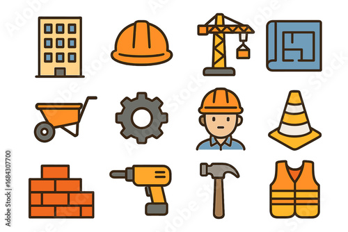 Construction and safety filled outline icon set. Building, architecture, and engineering collection. Vector worker, crane, blueprint, hard hat, vest, and tool symbols.
