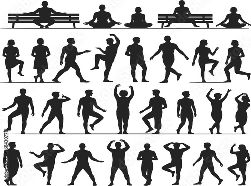 Silhouettes of diverse men and women performing yoga, meditation, stretching, and fitness exercises in different poses, healthy lifestyle, mindfulness, balance, wellness, strength, flexibility