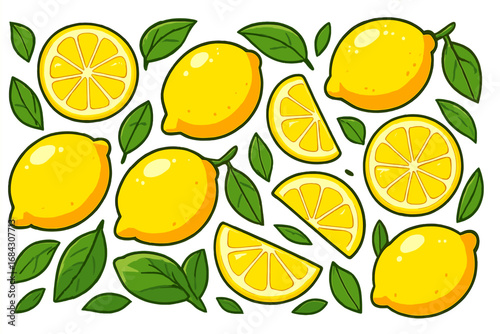 Lemon fruit set vector cartoon illustration. Fresh lemons and juicy slices with green leaves. Healthy food citrus pattern. Organic vitamin C concept for summer design element.