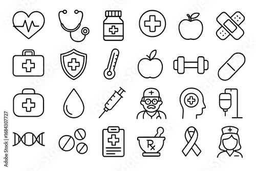 Health and medical line icon set. Healthcare, fitness, and wellness symbols. Medicine, hospital, and pharmacy outline pictograms. Vector illustration for web and mobile apps.