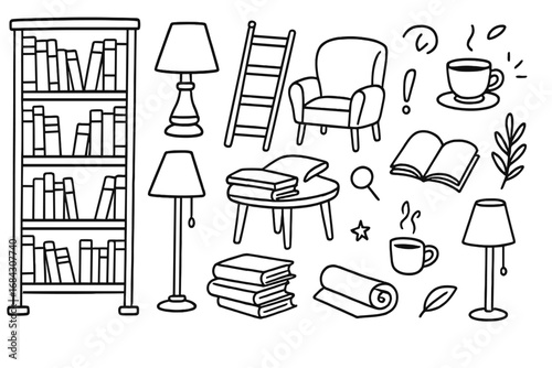 Cozy library icon set. Hand-drawn doodle collection for reading and study. Includes bookshelf, armchair, books, lamp, coffee. Vector elements for education and hygge living.