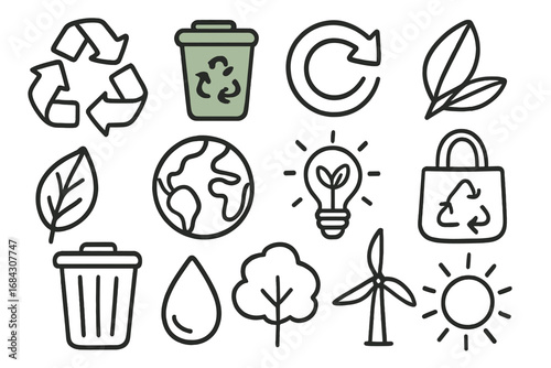 Recycling icons set for environment and ecology. Hand drawn doodle style vector collection. Sustainability, green energy, and conservation symbols. Eco friendly concept design.