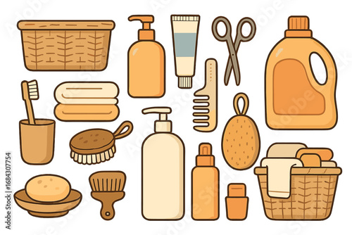 Set of bathroom accessories and toiletries for hygiene and laundry. Vector icons of soap, shampoo, brush, comb, towel, sponge, scissors, detergent. Self care and cleaning concept.