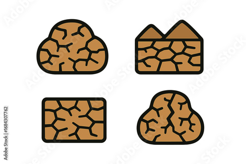 Cracked earth solid fill icon set. Vector cartoon illustration of dry soil, desert ground, drought fields. Arid landscape with fissured clay. Concept for climate change.