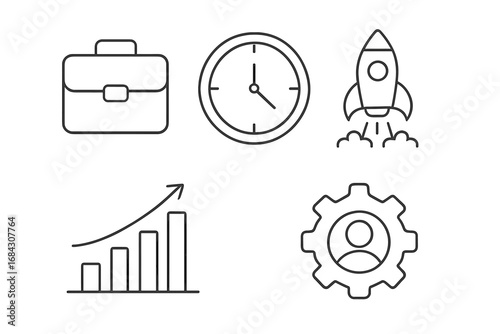 Business startup success line icon set. Modern vector collection for web, apps. Includes briefcase, clock, rocket launch, growth chart, and project management symbols. Analysis.