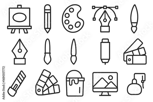 Creative tools line icon set for art and design. Vector outline collection of artist essentials like paintbrush, pencil, palette, pen tool, color swatch, and easel.