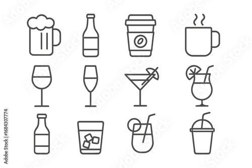 Drinks and beverages line icon set. Editable stroke. Collection of simple vector symbols for bar or cafe menu. Includes beer, wine, coffee, cocktail, juice and soda icons.