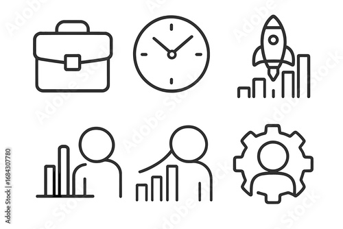 Business success line icon set for startup growth and project management. Vector collection with briefcase, clock, rocket chart, analysis, and user settings gear for web and apps.