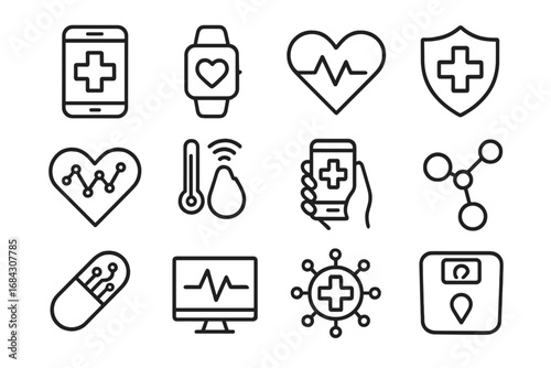 Health and technology line icon set. Medical, digital, fitness outline style. Vector healthcare pictogram. Telemedicine, wearable, EKG, smart pill, mobile health concept.