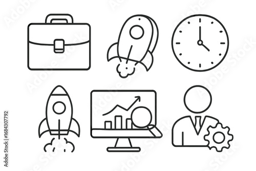 Business line icon set. Startup project launch, time management, and data analysis thin outline pictogram collection. Vector icons for web design, mobile apps, and presentations.