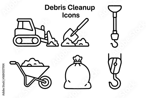 Debris cleanup outline icon set. Vector icons for debris removal, construction site, and demolition. Bulldozer, shovel, wheelbarrow, garbage bag, crane hook illustration.