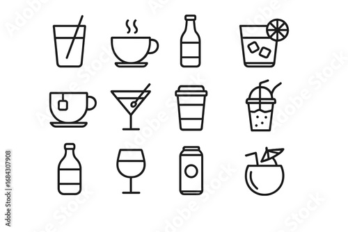 Beverage and drink thin line icon set. Vector collection of coffee, tea, cocktail, juice, soda and alcohol symbols. Outline illustration for cafe menu, bar, or web design.