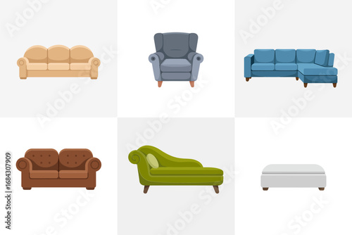 Cozy living room couch illustrations, vintage modern sofa styles, two seat loveseat chaise, comfortable interior furniture graphics