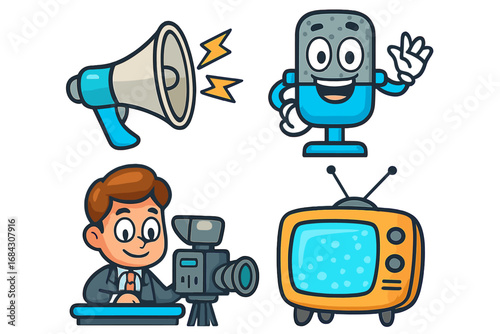Media communication icons. Vector cartoon news anchor with camera, retro tv, microphone, megaphone. Broadcasting, journalism, announcement, reporter, presenter, entertainment.