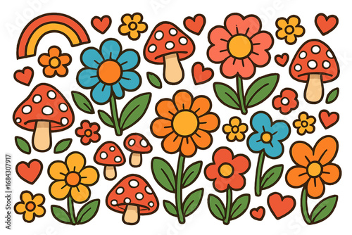 Groovy retro 70s sticker set. Hippie cartoon flowers, mushrooms, rainbow, hearts. Cute psychedelic nostalgia vector graphics. Flower power doodle illustration collection.
