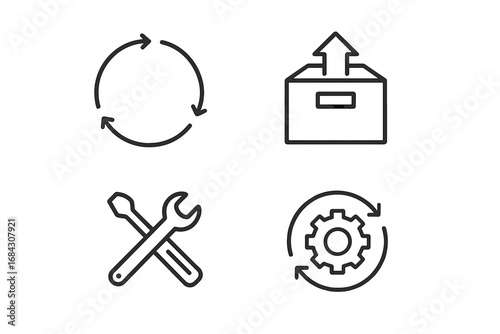 Circular economy outline icon set. Loop arrows for recycle, reuse. Take-back box for returns. Repair wrench, refurbish gear. Sustainable industry vector illustration concept.