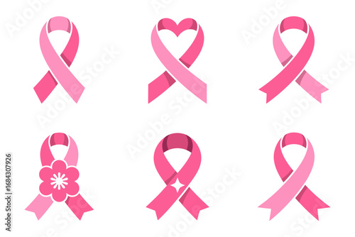 Awareness support pink ribbon icons, charity solidarity remembrance graphics, healthcare campaign vector pack, breast cancer awareness set