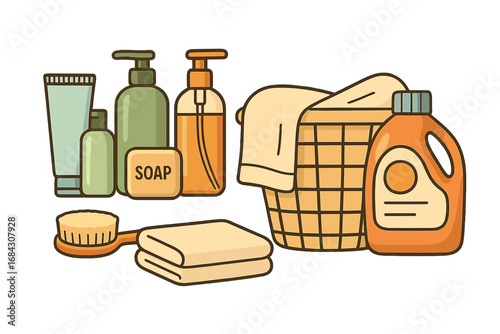 Vector illustration set of bathroom essentials and laundry items. Toiletries collection with soap, shampoo, towels, brush, and detergent. Daily routine, hygiene, cleaning concept.