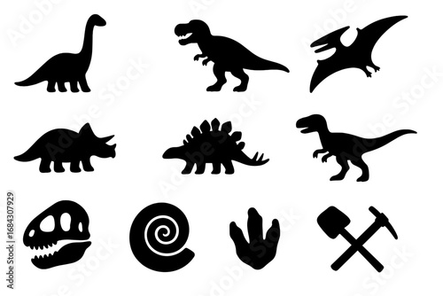 Dinosaur silhouette icon set. Fossil, prehistoric creature vector icons. Paleontology collection with T-Rex, skull, footprint, ammonite. Archeology excavation symbols.