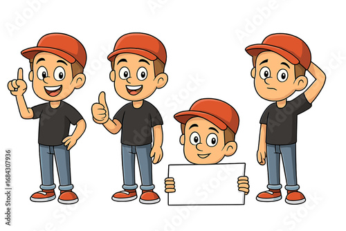 Cartoon boy character mascot set. Collection of a young man in different poses and emotions. Pointing with an idea, thumbs up, holding a blank sign and thinking with confusion.