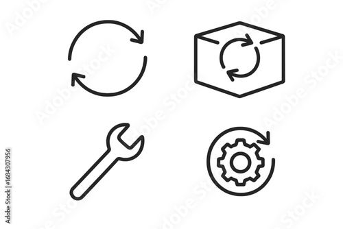 Circular economy outline icon set. Sustainable consumption and production. Loop arrow, take-back box, repair wrench, refurbish cog. Reuse, reduce, recycle concept vector.