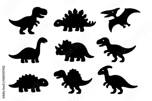 Dinosaur silhouette icon set. Cute prehistoric animal collection for kids. Jurassic and cretaceous dino characters like T-rex, Stegosaurus. Simple black vector fossil shape.