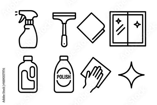 Cleaning tools outline icon set. Home and office hygiene symbols. Housekeeping, janitorial service graphics. Vector spray bottle, squeegee, cloth, window, detergent, polish.