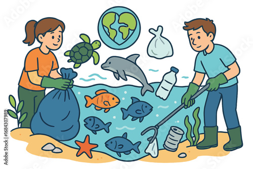 Volunteers cleaning beach and sea from plastic pollution. Marine life conservation concept. People collect trash to save fish, turtle, dolphin. Environmental care, ecology vector.