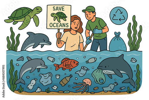 Save the oceans concept. Volunteers cleaning plastic pollution from the sea. Environmental conservation effort with marine life, turtle, dolphin. Ecology and recycling vector.