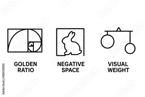 Design principles outline icon set. Golden ratio, negative space, and visual weight. Graphic design fundamentals for composition, harmony, balance, and proportion. Vector icons.