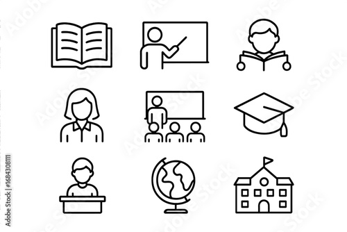 Education and learning outline icon set. School, study, teacher, and student concepts. Vector line icons for university, classroom, graduation, and knowledge symbols.