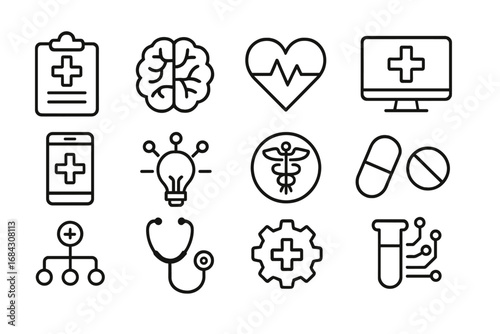 Healthcare technology outline icon set. Medical innovation, digital health symbols. Telemedicine, mHealth, EMR, biotech research, cardiology and mental health vector icons.