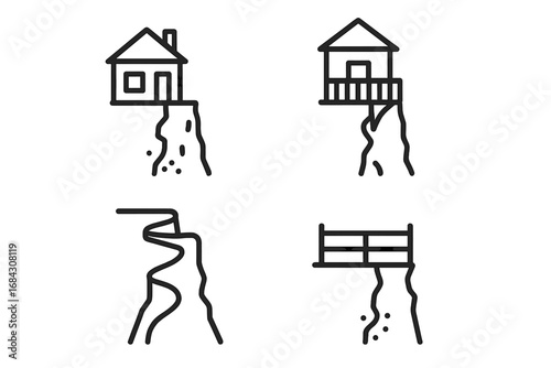 Cliffside settlement icons. House on a cliff edge, precarious path, bridge. Vector outline set for concepts of risk, danger, isolation, real estate, geology, and remote living.