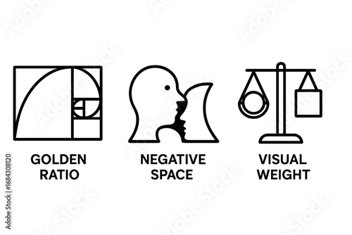 Graphic design principles icon set. Golden ratio, negative space, visual weight. Composition, balance, proportion, harmony rules. Vector outline symbols for UI, UX, and layout.