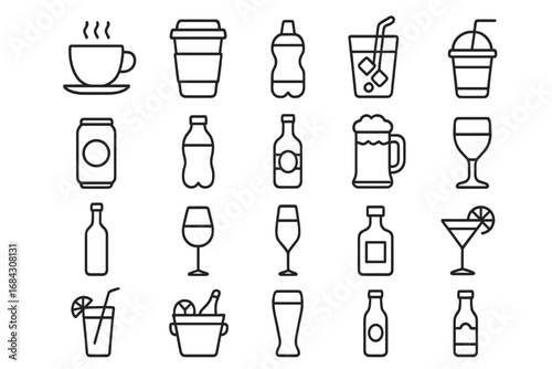 Drinks and beverages line icon set. Coffee, beer, wine, cocktail, and soft drink symbols. Minimal vector pictograms for bar or cafe menu. Editable stroke outline icons.