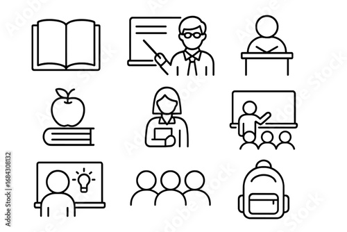 Education and learning outline icon set. School, study, classroom, teacher, student, and knowledge concepts. Vector line icons for university, e-learning, and presentation.