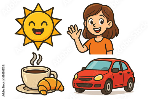 Vector cartoon set of morning routine icons. A happy sun character, a girl waving, breakfast with coffee and a croissant, and a red car. Isolated daily life elements.