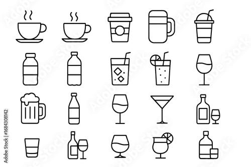 Beverage and drink line icon set. Coffee, tea, soda, juice, beer, wine, and cocktail pictogram collection. Minimal vector icons for menu, bar, cafe, and app design. Editable stroke.
