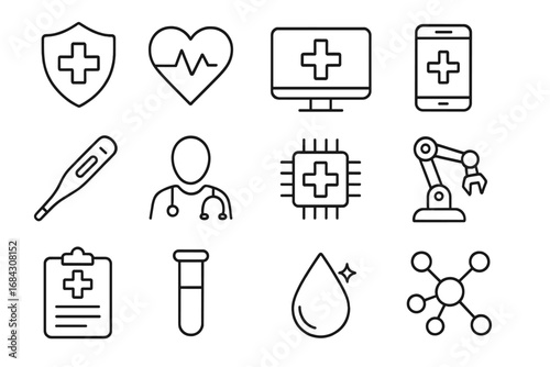 Medical technology and healthcare innovation outline icon set. Telemedicine, robotics, digital health symbols. Vector icons for hospital, clinic, lab and web design.